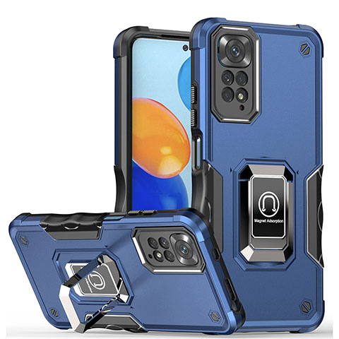 Custodia Silicone e Plastica Opaca Cover con Magnetico Anello Supporto QW1 per Xiaomi Redmi Note 11 Pro 4G Blu