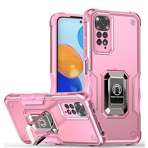 Custodia Silicone e Plastica Opaca Cover con Magnetico Anello Supporto QW1 per Xiaomi Redmi Note 11 Pro 4G Rosa