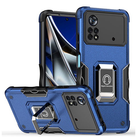 Custodia Silicone e Plastica Opaca Cover con Magnetico Anello Supporto QW1 per Xiaomi Redmi Note 11E Pro 5G Blu