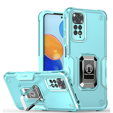 Custodia Silicone e Plastica Opaca Cover con Magnetico Anello Supporto QW1 per Xiaomi Redmi Note 11S 4G Azzurro