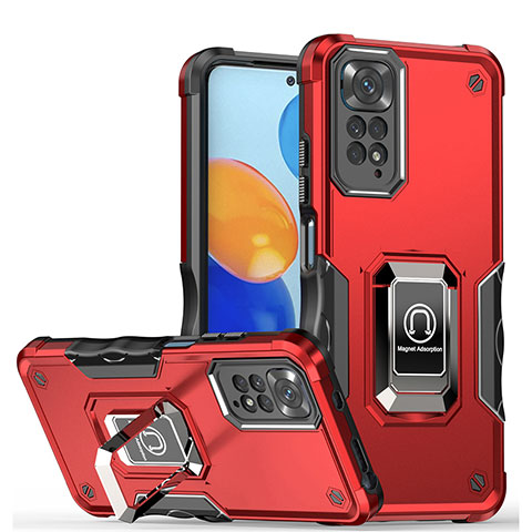 Custodia Silicone e Plastica Opaca Cover con Magnetico Anello Supporto QW1 per Xiaomi Redmi Note 11S 4G Rosso