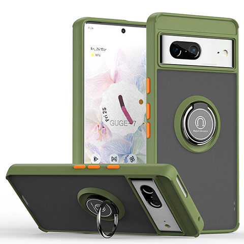 Custodia Silicone e Plastica Opaca Cover con Magnetico Anello Supporto QW2 per Google Pixel 7 5G Verde Militare