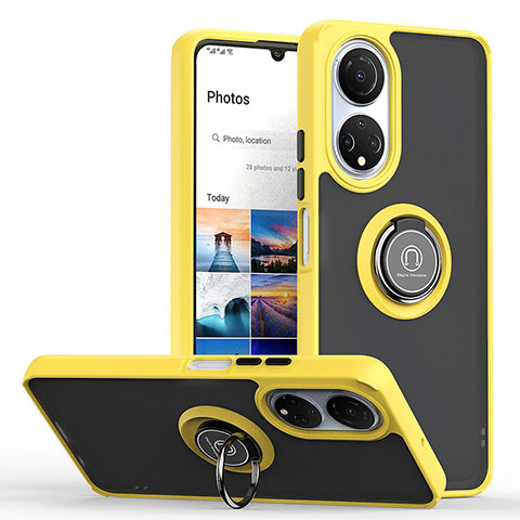 Custodia Silicone e Plastica Opaca Cover con Magnetico Anello Supporto QW2 per Huawei Honor X7 Giallo