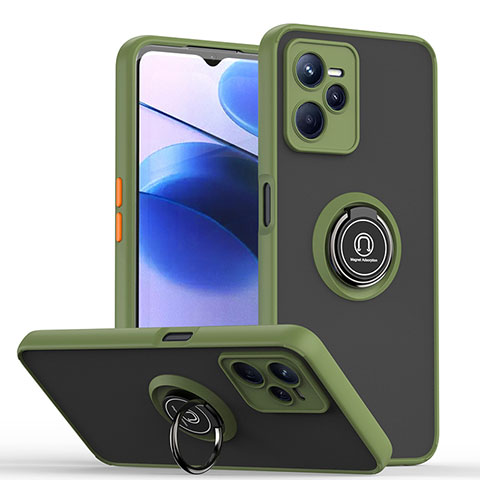 Custodia Silicone e Plastica Opaca Cover con Magnetico Anello Supporto QW2 per Realme Narzo 50A Prime Verde Militare