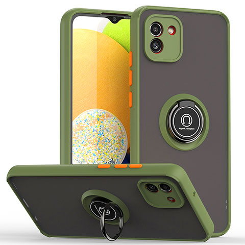 Custodia Silicone e Plastica Opaca Cover con Magnetico Anello Supporto QW2 per Samsung Galaxy A03 Verde Militare