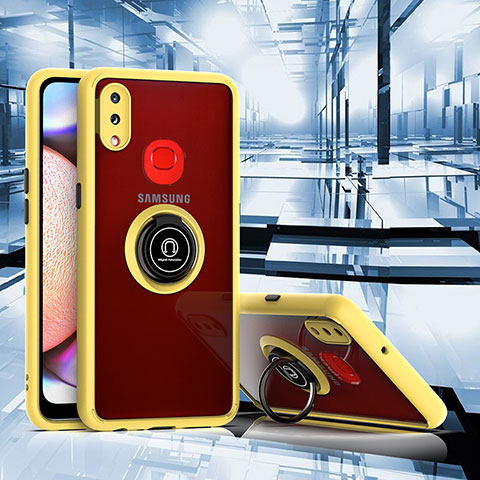 Custodia Silicone e Plastica Opaca Cover con Magnetico Anello Supporto QW2 per Samsung Galaxy M01s Giallo