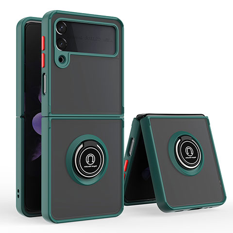 Custodia Silicone e Plastica Opaca Cover con Magnetico Anello Supporto QW2 per Samsung Galaxy Z Flip3 5G Verde Notte