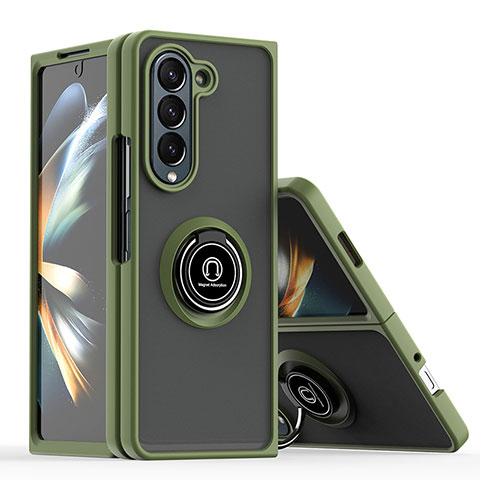 Custodia Silicone e Plastica Opaca Cover con Magnetico Anello Supporto QW2 per Samsung Galaxy Z Fold5 5G Verde Militare