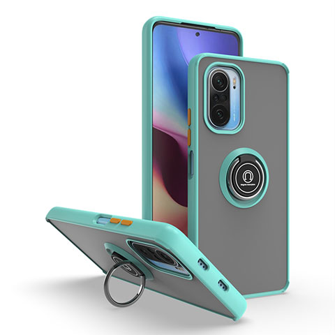 Custodia Silicone e Plastica Opaca Cover con Magnetico Anello Supporto QW2 per Xiaomi Redmi K40 Pro 5G Ciano