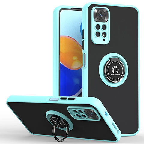 Custodia Silicone e Plastica Opaca Cover con Magnetico Anello Supporto QW2 per Xiaomi Redmi Note 11 Pro 4G Ciano