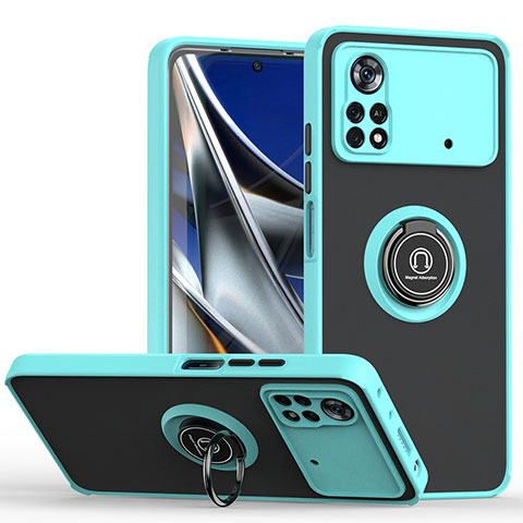 Custodia Silicone e Plastica Opaca Cover con Magnetico Anello Supporto QW2 per Xiaomi Redmi Note 11E Pro 5G Ciano