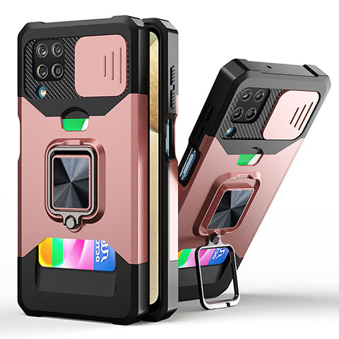 Custodia Silicone e Plastica Opaca Cover con Magnetico Anello Supporto QW3 per Samsung Galaxy M12 Oro Rosa