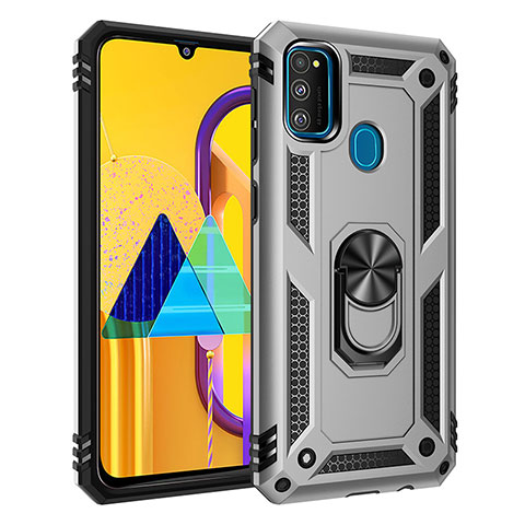 Custodia Silicone e Plastica Opaca Cover con Magnetico Anello Supporto QW3 per Samsung Galaxy M21 Argento