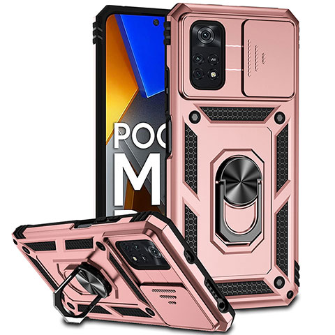 Custodia Silicone e Plastica Opaca Cover con Magnetico Anello Supporto QW3 per Xiaomi Poco M4 Pro 4G Oro Rosa