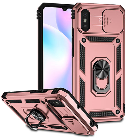 Custodia Silicone e Plastica Opaca Cover con Magnetico Anello Supporto QW3 per Xiaomi Redmi 9AT Oro Rosa