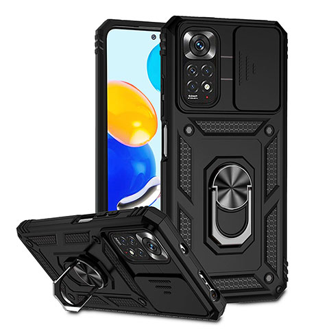 Custodia Silicone e Plastica Opaca Cover con Magnetico Anello Supporto QW3 per Xiaomi Redmi Note 11S 4G Nero