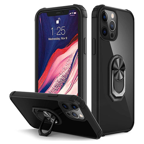 Custodia Silicone e Plastica Opaca Cover con Magnetico Anello Supporto R01 per Apple iPhone 12 Pro Max Nero