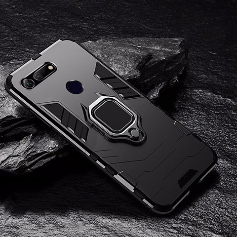 Custodia Silicone e Plastica Opaca Cover con Magnetico Anello Supporto R01 per Huawei Honor V20 Nero