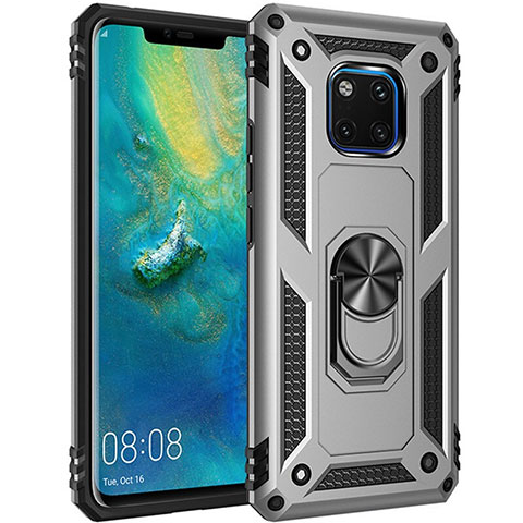 Custodia Silicone e Plastica Opaca Cover con Magnetico Anello Supporto R01 per Huawei Mate 20 Pro Argento