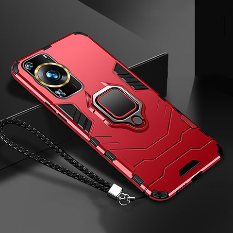 Custodia Silicone e Plastica Opaca Cover con Magnetico Anello Supporto R01 per Huawei P60 Rosso