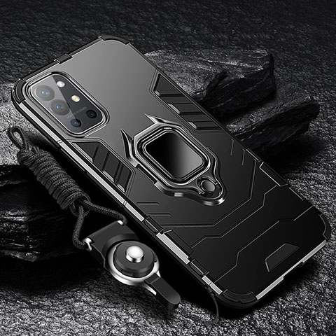 Custodia Silicone e Plastica Opaca Cover con Magnetico Anello Supporto R01 per OnePlus 9R 5G Nero