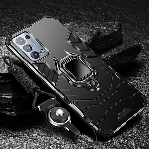 Custodia Silicone e Plastica Opaca Cover con Magnetico Anello Supporto R01 per Oppo Reno6 Pro+ Plus 5G Nero