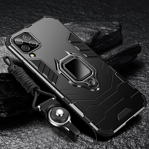 Custodia Silicone e Plastica Opaca Cover con Magnetico Anello Supporto R01 per Samsung Galaxy A12 Nero