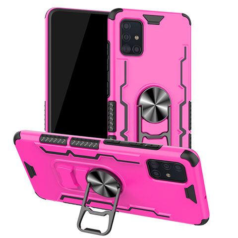 Custodia Silicone e Plastica Opaca Cover con Magnetico Anello Supporto R01 per Samsung Galaxy A51 5G Rosa Caldo