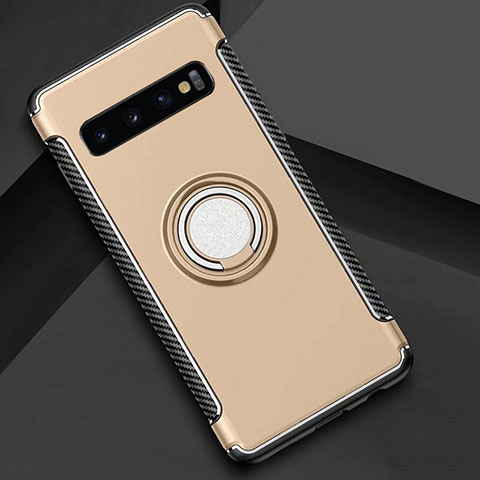 Custodia Silicone e Plastica Opaca Cover con Magnetico Anello Supporto R01 per Samsung Galaxy S10 Plus Oro