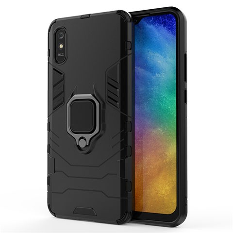 Custodia Silicone e Plastica Opaca Cover con Magnetico Anello Supporto R01 per Xiaomi Redmi 9A Nero