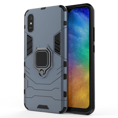 Custodia Silicone e Plastica Opaca Cover con Magnetico Anello Supporto R01 per Xiaomi Redmi 9AT Blu