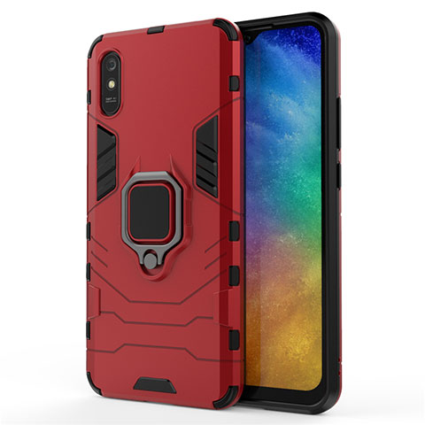 Custodia Silicone e Plastica Opaca Cover con Magnetico Anello Supporto R01 per Xiaomi Redmi 9AT Rosso