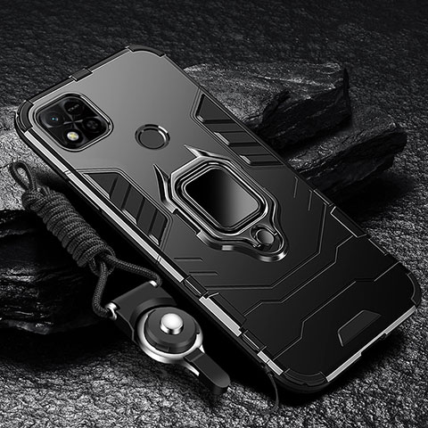 Custodia Silicone e Plastica Opaca Cover con Magnetico Anello Supporto R01 per Xiaomi Redmi 9C NFC Nero