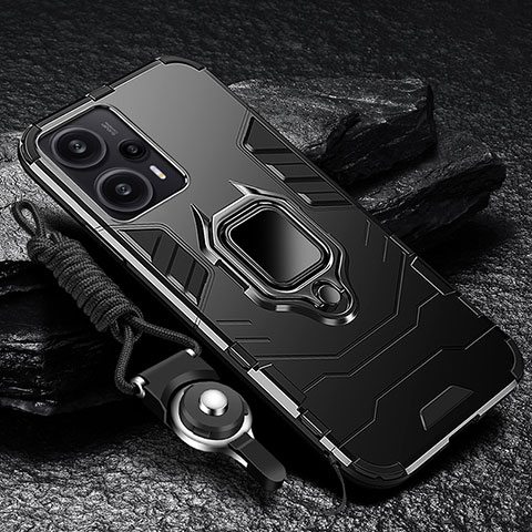 Custodia Silicone e Plastica Opaca Cover con Magnetico Anello Supporto R01 per Xiaomi Redmi Note 12 Turbo 5G Nero