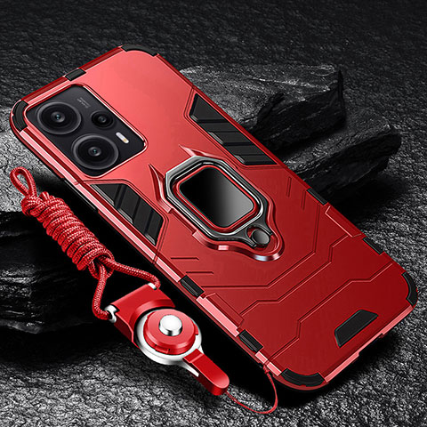 Custodia Silicone e Plastica Opaca Cover con Magnetico Anello Supporto R01 per Xiaomi Redmi Note 12 Turbo 5G Rosso