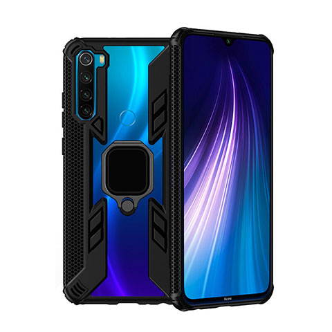 Custodia Silicone e Plastica Opaca Cover con Magnetico Anello Supporto R01 per Xiaomi Redmi Note 8 Nero