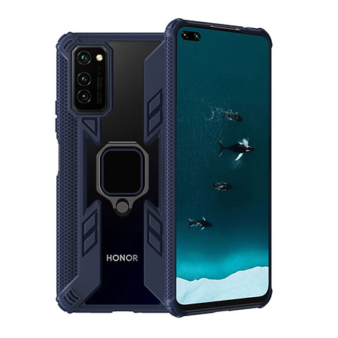 Custodia Silicone e Plastica Opaca Cover con Magnetico Anello Supporto R02 per Huawei Honor V30 Pro 5G Blu