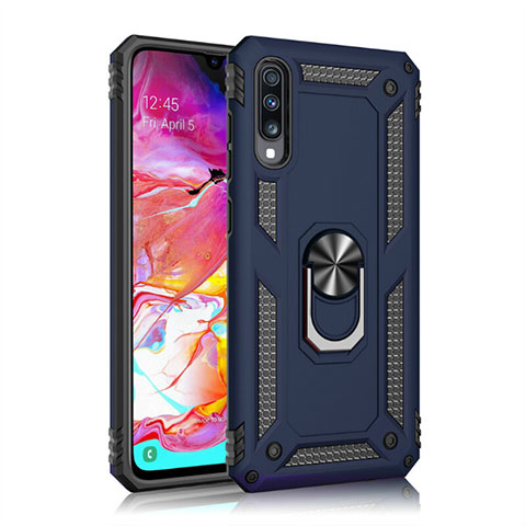 Custodia Silicone e Plastica Opaca Cover con Magnetico Anello Supporto R02 per Samsung Galaxy A70 Blu