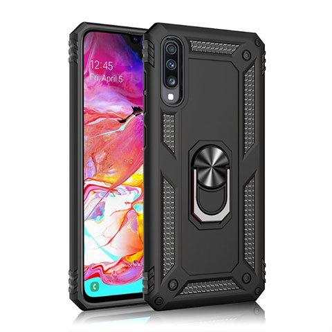 Custodia Silicone e Plastica Opaca Cover con Magnetico Anello Supporto R02 per Samsung Galaxy A70 Nero