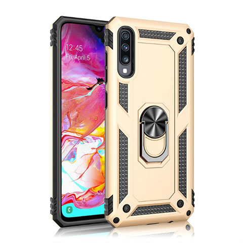 Custodia Silicone e Plastica Opaca Cover con Magnetico Anello Supporto R02 per Samsung Galaxy A70S Oro