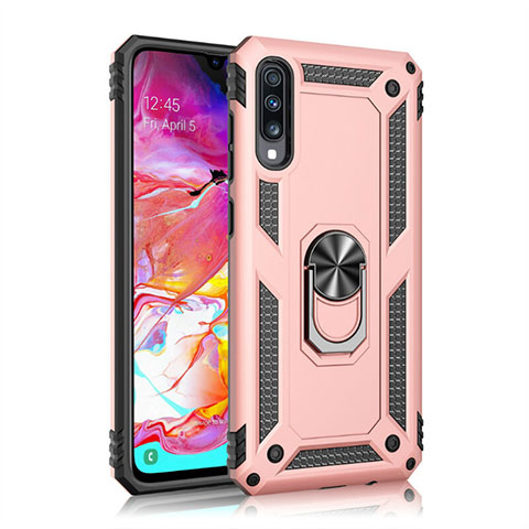 Custodia Silicone e Plastica Opaca Cover con Magnetico Anello Supporto R02 per Samsung Galaxy A70S Oro Rosa