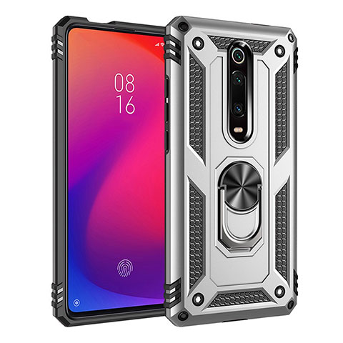 Custodia Silicone e Plastica Opaca Cover con Magnetico Anello Supporto R02 per Xiaomi Mi 9T Argento