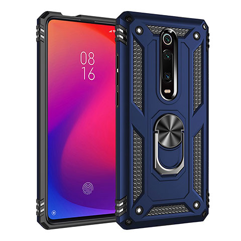 Custodia Silicone e Plastica Opaca Cover con Magnetico Anello Supporto R02 per Xiaomi Mi 9T Blu