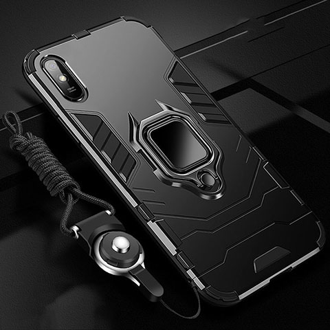 Custodia Silicone e Plastica Opaca Cover con Magnetico Anello Supporto R02 per Xiaomi Redmi 9A Nero