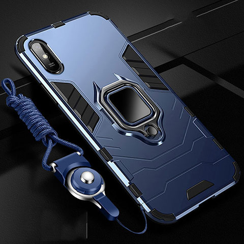 Custodia Silicone e Plastica Opaca Cover con Magnetico Anello Supporto R02 per Xiaomi Redmi 9i Blu