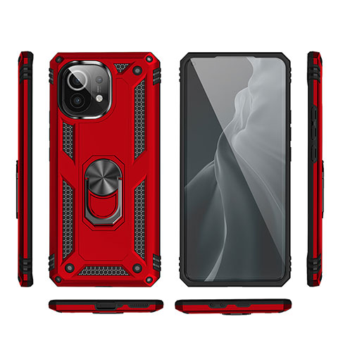 Custodia Silicone e Plastica Opaca Cover con Magnetico Anello Supporto R03 per Xiaomi Mi 11 5G Rosso