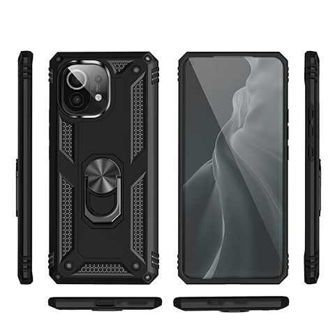 Custodia Silicone e Plastica Opaca Cover con Magnetico Anello Supporto R03 per Xiaomi Mi 11 Lite 5G NE Nero