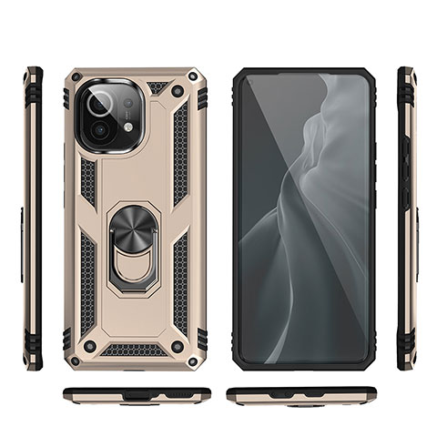 Custodia Silicone e Plastica Opaca Cover con Magnetico Anello Supporto R03 per Xiaomi Mi 11 Lite 5G Oro