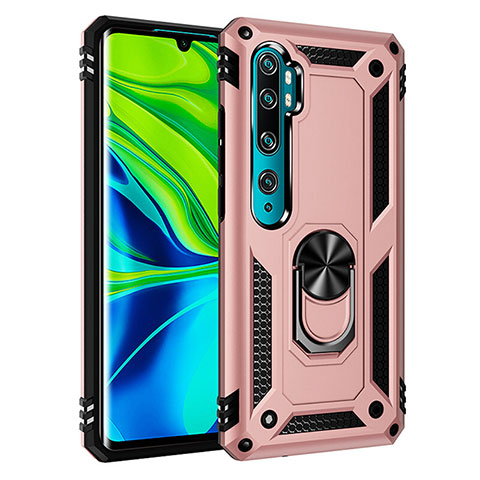 Custodia Silicone e Plastica Opaca Cover con Magnetico Anello Supporto R03 per Xiaomi Mi Note 10 Pro Oro Rosa