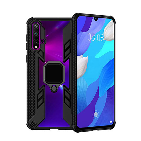 Custodia Silicone e Plastica Opaca Cover con Magnetico Anello Supporto R04 per Huawei Nova 5 Pro Nero